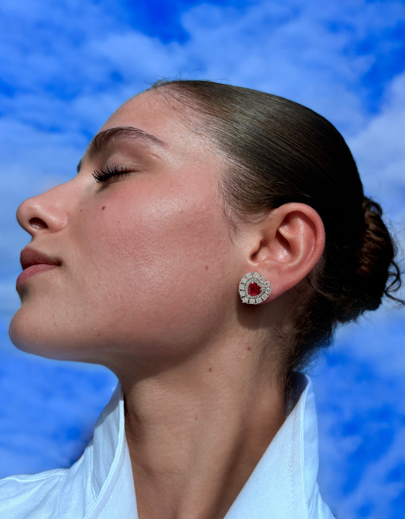 Ember Ruby Heart-Shaped Double Halo Earrings