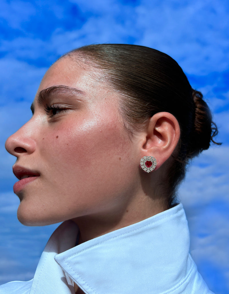 Ember Ruby Heart-Shaped Double Halo Earrings